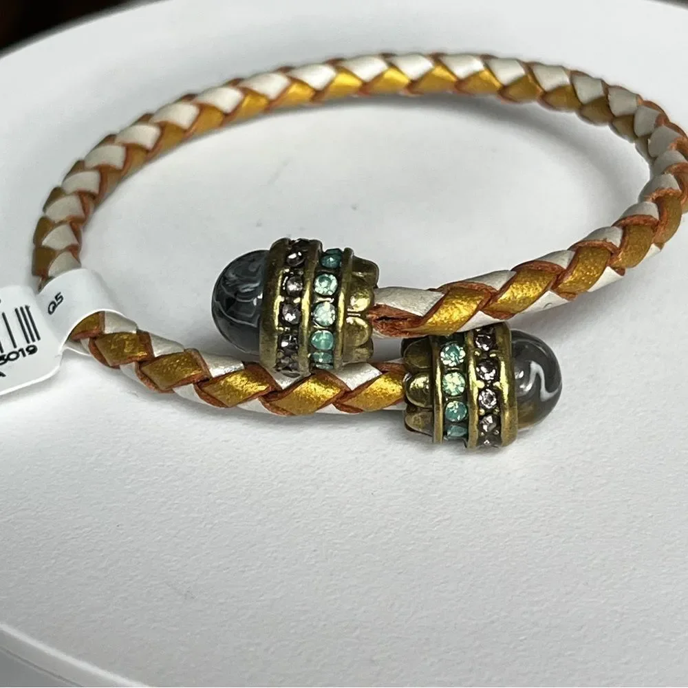 LOFT Braided Leather Rhinestone Memory Wire Wrap Bracelet.